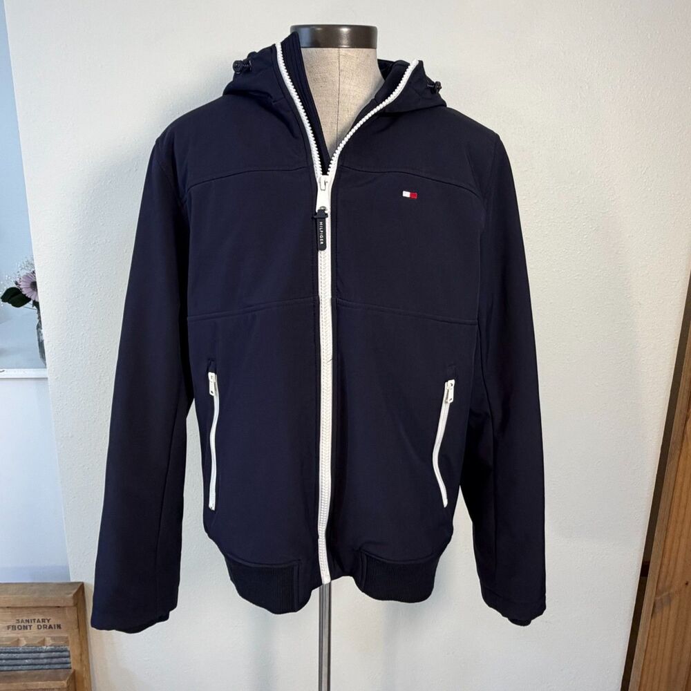 Tommy Hilfiger Mens Navy Hooded Softshell Jacket Full Zip Flag Logo 24 P2P